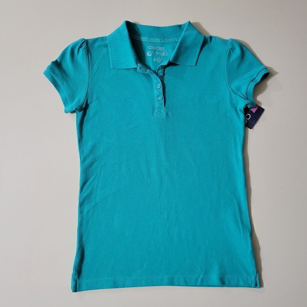 Cherokee Girl's Essential Aqua Knit Shirt with Collar and Cuffs